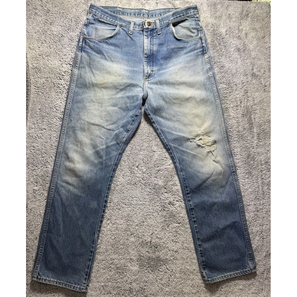 VTG Rustler Jeans Men’s 34x32 Blue Denim Distressed Faded‎ Whiskered Grunge Work - Picture 5 of 16